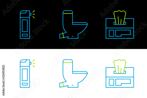 Set line Wet wipe pack, Bottle with nozzle spray and Toilet bowl icon. Vector