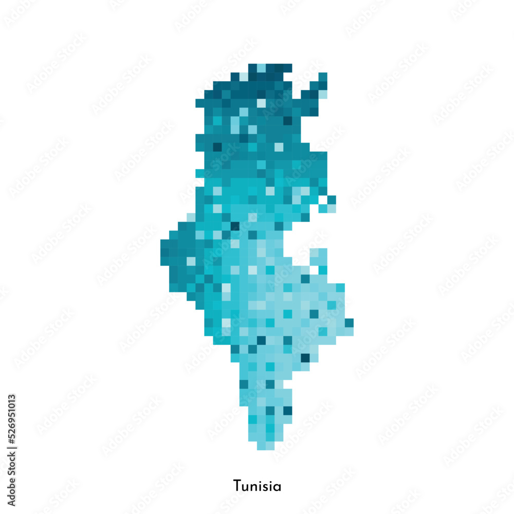 Fototapeta premium Vector isolated geometric illustration with simple icy blue shape of Tunisia map. Pixel art style for NFT template. Dotted logo with gradient texture for design on white background