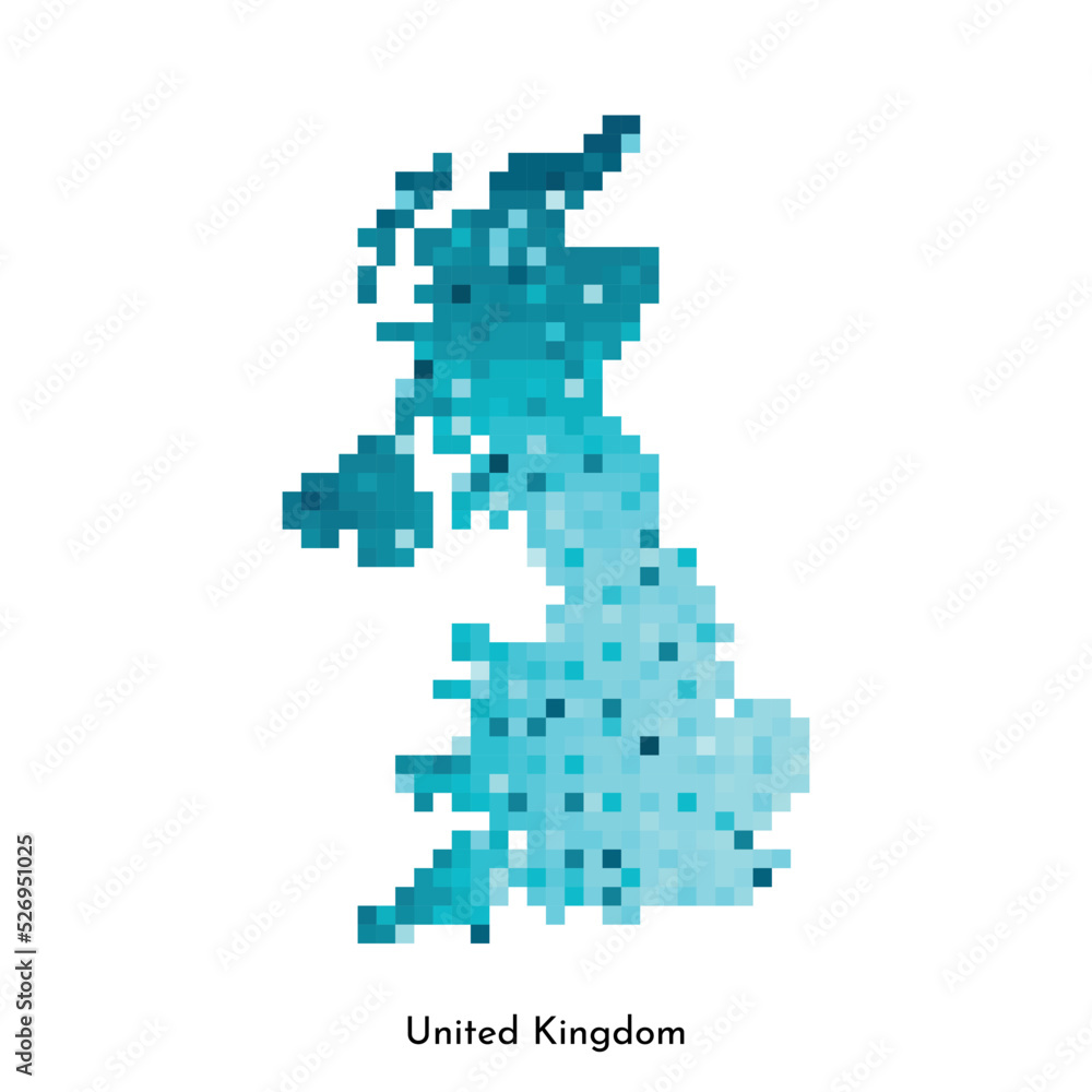 Vector isolated geometric illustration with simple icy blue shape of United Kingdom of Great Britain and Northern Ireland map. Pixel art style for NFT template. Dotted logo with gradient texture