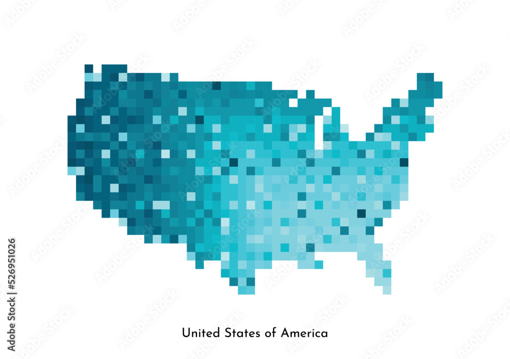 Vector isolated geometric illustration with simple icy blue shape of United States of America (USA) map. Pixel art style for NFT template. Dotted logo with gradient texture for design 