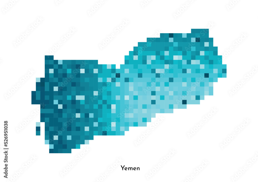Vector isolated geometric illustration with simple icy blue shape of Yemen map. Pixel art style for NFT template. Dotted logo with gradient texture for design on white background Vector isolated geometric illustration with simple icy blue shape of Yemen map. Pixel art style for NFT template. Dotted logo with gradient texture for design on white background
