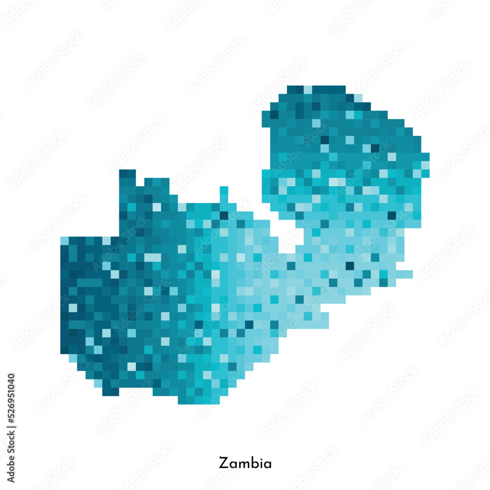 Vector isolated geometric illustration with simple icy blue shape of Zambia map. Pixel art style for NFT template. Dotted logo with gradient texture for design on white background Vector isolated geometric illustration with simple icy blue shape of Zambia map. Pixel art style for NFT template. Dotted logo with gradient texture for design on white background