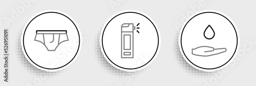 Set line Washing hands with soap, Underwear and Bottle nozzle spray icon. Vector