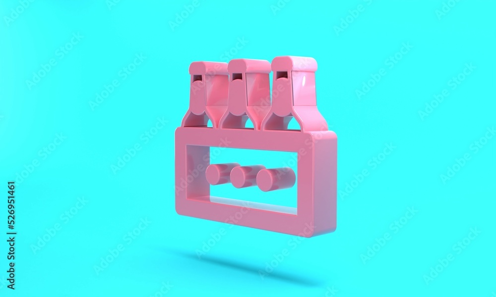 Pink Pack of beer bottles icon isolated on turquoise blue background. Wooden box and beer bottles. Case crate beer box sign. Minimalism concept. 3D render illustration Pink Pack of beer bottles icon isolated on turquoise blue background. Wooden box and beer bottles. Case crate beer box sign. Minimalism concept. 3D render illustration