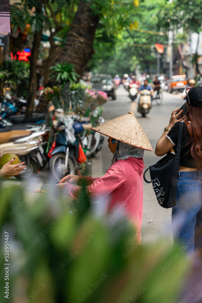 Fototapeta premium Vietnamese woman selling fruit and vegetables on the street. Traditional sale. Hanoi