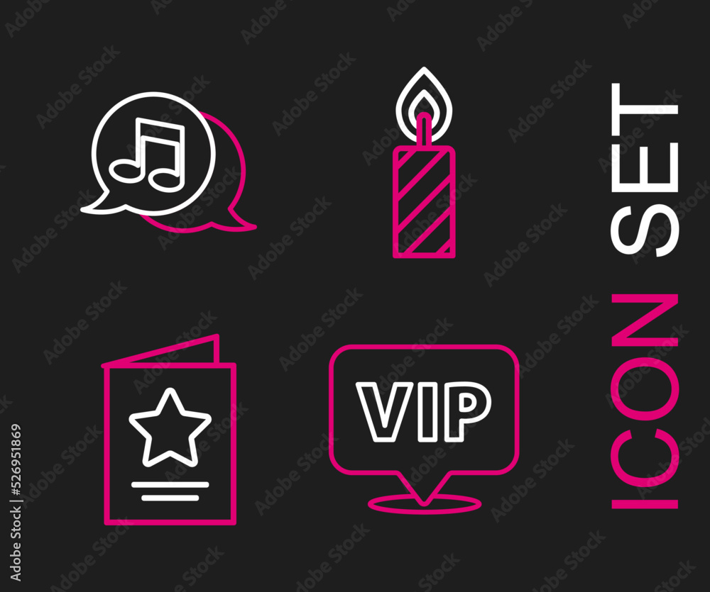 Set line Location Vip, Greeting card, Birthday cake candles and Musical note speech bubble icon. Vector