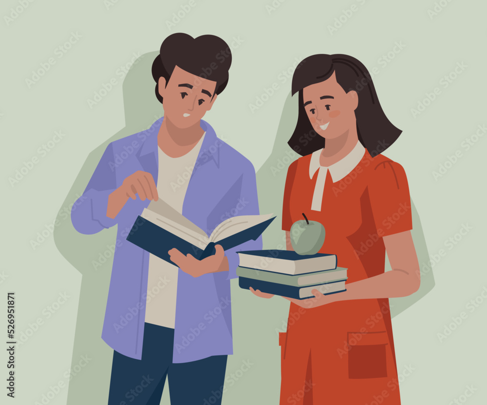 Students, schoolchildren, teenagers. Girl and guy with books. Vector image. Students, schoolchildren, teenagers. Girl and guy with books. Vector image.