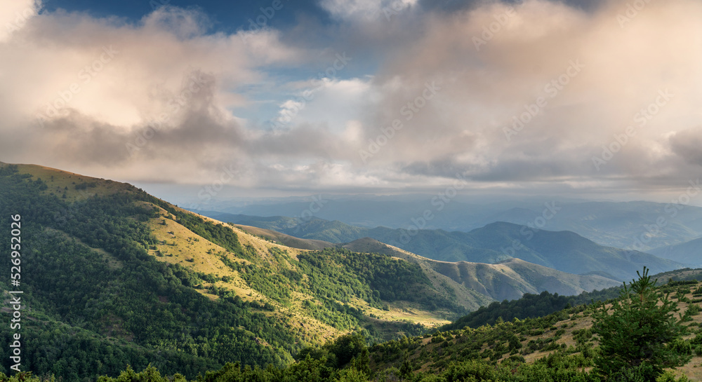 Summer landscape with green hills and blue sky with clouds. Mountain resort in Serbia Kopaonik. panorama shot