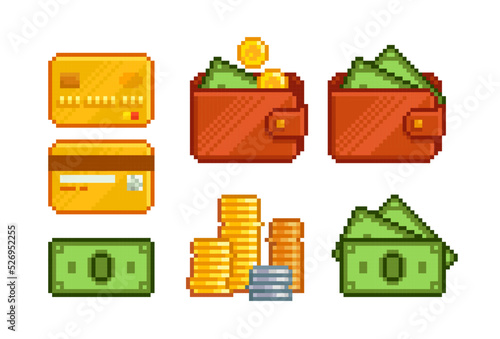 Pixel Art Game Cash Money icons set. Pixel Wallet with banknotes and Golden Credit Card. Payment icons. Editable vector 