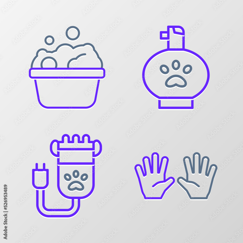 Set line Medical rubber gloves, Hair clipper pet, Pet shampoo and Pets bath icon. Vector Set line Medical rubber gloves, Hair clipper pet, Pet shampoo and Pets bath icon. Vector