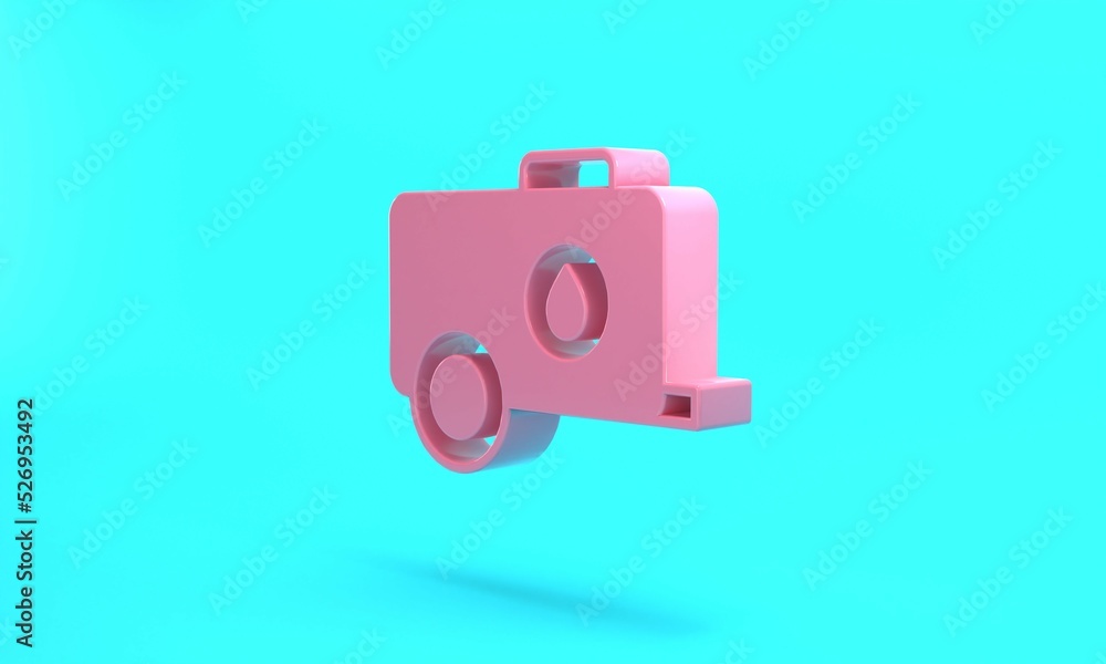 Pink Mobile water tank - bowser icon isolated on turquoise blue background. Water tank delivering water. Minimalism concept. 3D render illustration Pink Mobile water tank - bowser icon isolated on turquoise blue background. Water tank delivering water. Minimalism concept. 3D render illustration