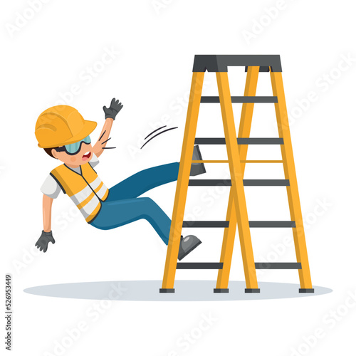 Worker has a fall from a ladder in an accident and workplace negligence. Industrial safety and occupational health at work