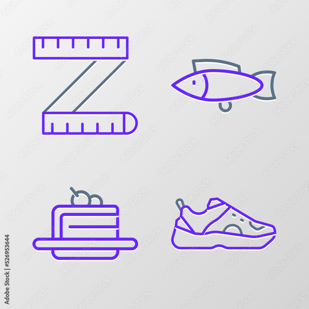 Set line Sport sneakers, Cake, Fish and Tape measure icon. Vector