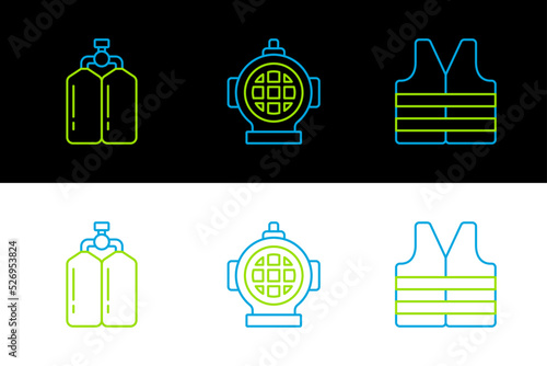 Set line Life jacket, Aqualung and icon. Vector