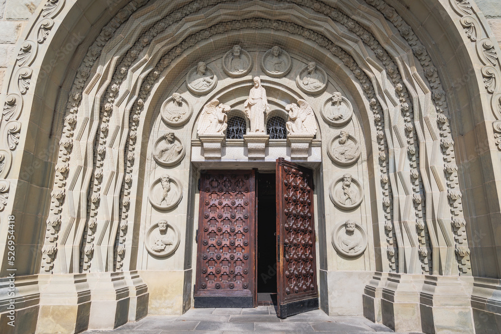 Portal and entrance of Saint Nicholas Cathedral in Bielsko-Biala, Silesia region of Poland