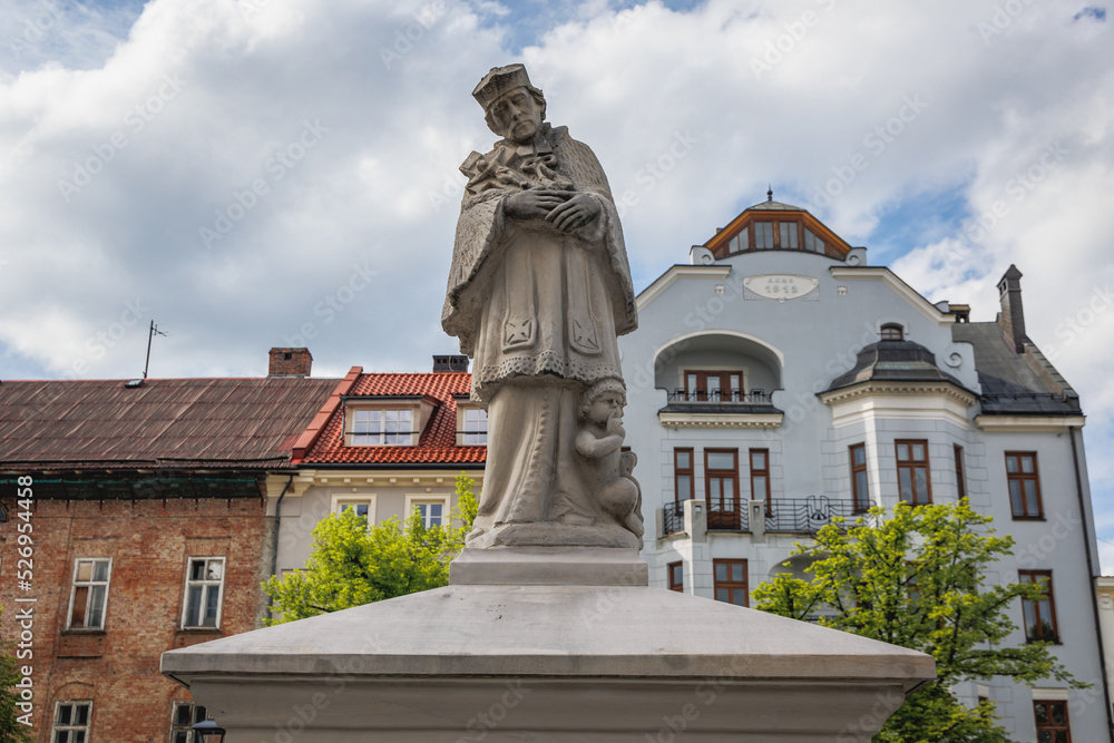 Sculpture of John of Nepomuk in main square of historic part of Bielsko-Biala, Poland