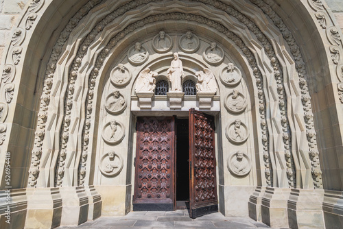 Portal and entrance of Saint Nicholas Cathedral in Bielsko-Biala, Silesia region of Poland