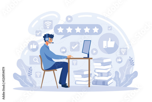 Clients choosing satisfaction rating and leaving positive review. Feedback consumer, customer review evaluation. flat vector illustration