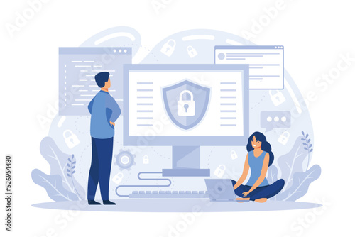 Big data analytics platform, data management and protection creative metaphor set abstract concept. Data center room disk infrastructure business information safety. flat vector illustration