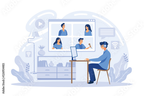Video conference. People group on computer screen taking with colleague. Video conferencing and online communication vector concept. flat vector illustration