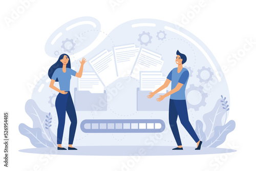 People send files for business. Concept of sharing file, data transfer, transfer of documentation, cloud service, file management, electronic document management. flat vector illustration photo