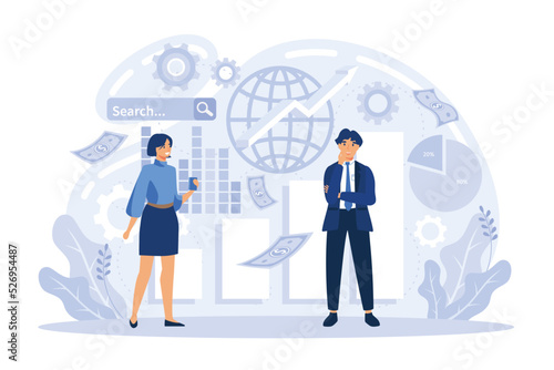 Vector of business people business analytics team monitoring financial reports and investments flat vector illustration