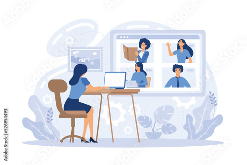 Young woman having videoconference with colleagues. Corporate video call, distant discussion. Friends talking online. Concept of teamwork during quarantine. flat vector illustration