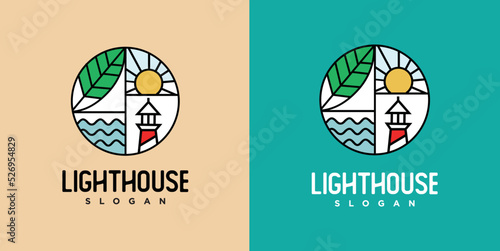 Outdoor nature logo adventure wildlife leaves and sun design with lighthouse 