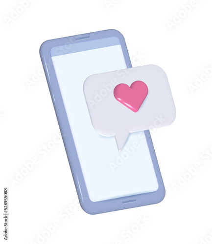 3D render Smartphone with bubble and heart design of love passion romantic valentines day wedding decoration and marriage theme. Digital PNG isolated volume illustration