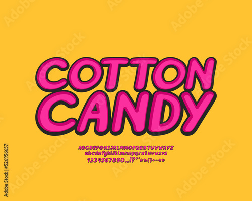 Yellow label Cotton Candy with italic pink alphabet letters and numbers