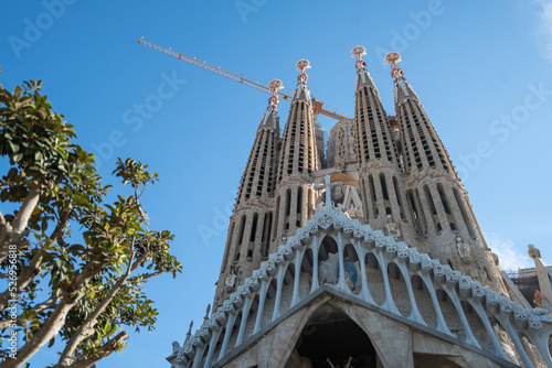 The Sagrada Familia and construction works in Barcelona, Spain