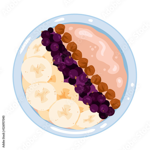 Healthy cereal breakfast food, granola in bowl top view vector illustration. Cartoon isolated plate with fruit and nut mix on milk oatmeal porridge or crunchy flakes, blueberry and banana slices