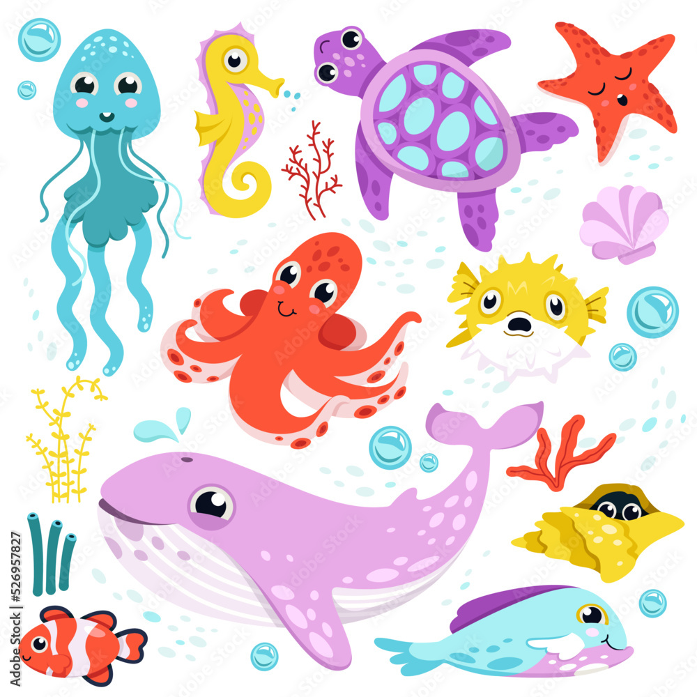 Fototapeta premium Cute fishes and underwater animals, nature of sea waters set vector illustration. Cartoon isolated funny aquatic characters, happy whale and octopus, swimming seahorse and tortoise, clownfish smiling