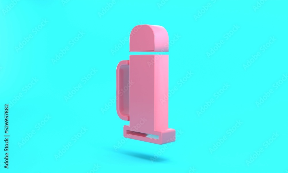 Pink Thermos container icon isolated on turquoise blue background. Thermo flask icon. Camping and hiking equipment. Minimalism concept. 3D render illustration Pink Thermos container icon isolated on turquoise blue background. Thermo flask icon. Camping and hiking equipment. Minimalism concept. 3D render illustration