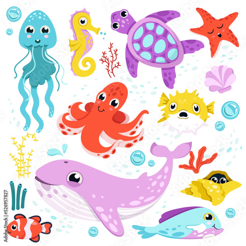 Cute fishes and underwater animals, nature of sea waters set vector illustration. Cartoon isolated funny aquatic characters, happy whale and octopus, swimming seahorse and tortoise, clownfish smiling