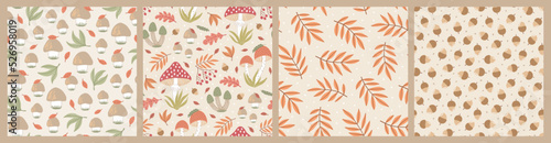Set of hand-drawn seamless patterns with wild mushrooms and autumn leaves. Colorful seasonal illustration for paper and gift wrap. Fabric print design. Creative stylish background.