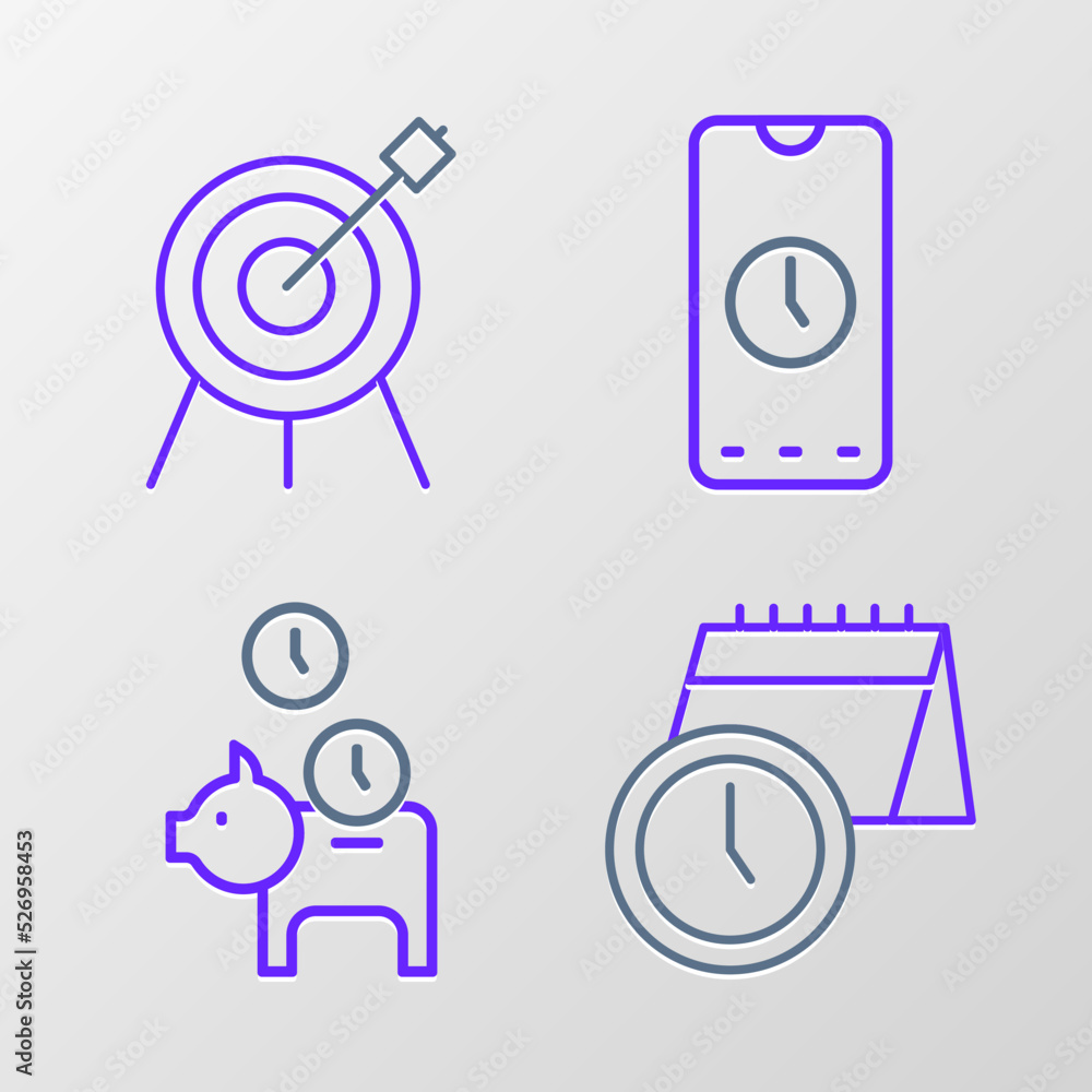 Set line Calendar and clock, Piggy bank with coin, Alarm app mobile and Target sport icon. Vector Set line Calendar and clock, Piggy bank with coin, Alarm app mobile and Target sport icon. Vector