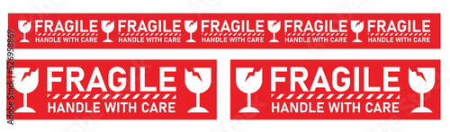 Fragile handle with care with pictrogram broken glass in red ribbon tape can be use for luxury valuable product easy touse print and attach vector eps. photo
