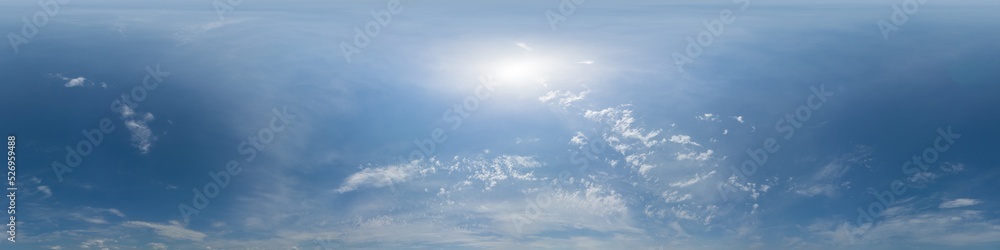 Blue summer sky panorama with light Cirrus clouds. Hdr seamless spherical equirectangular 360 panorama. Sky dome or zenith for 3D visualization and sky replacement for aerial drone 360 panoramas. Blue summer sky panorama with light Cirrus clouds. Hdr seamless spherical equirectangular 360 panorama. Sky dome or zenith for 3D visualization and sky replacement for aerial drone 360 panoramas.
