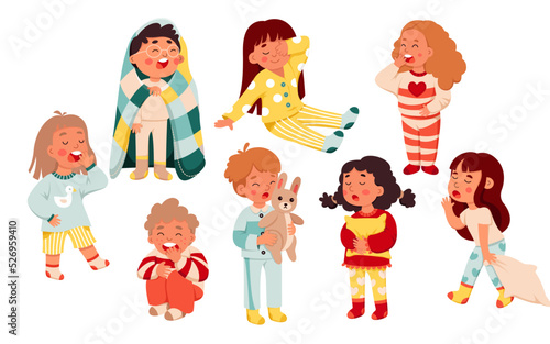 Sleepy little kids set vector illustration. Cartoon isolated girls and boys in pajamas yawn and ready to rest and sleep in bedtime, child holding blanket and pillow, teddy bear toy for sleeping