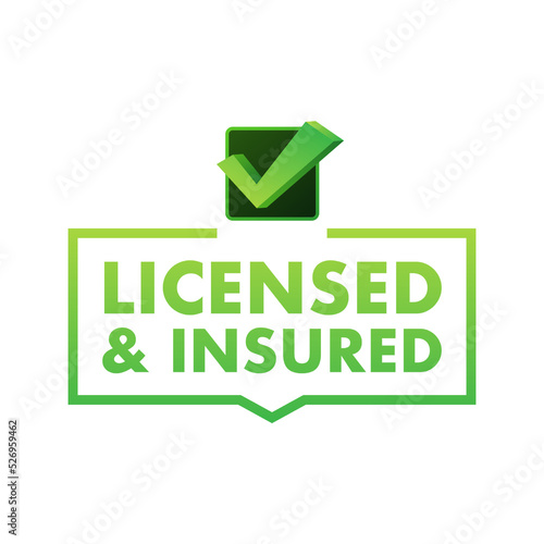 licensed and insured vector icon with tick mark. Green in color vector icon