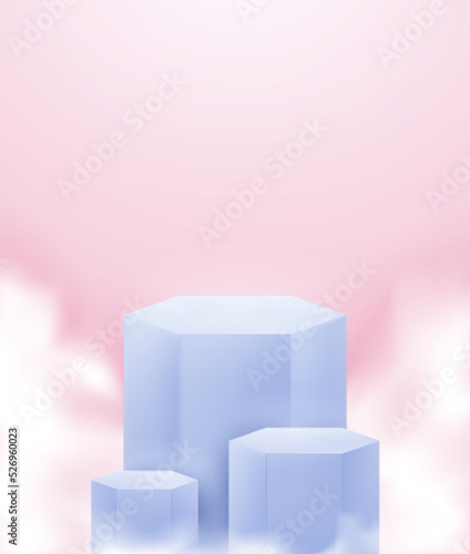 Realistic 3d podium product in pastel colours surrounded by white clouds