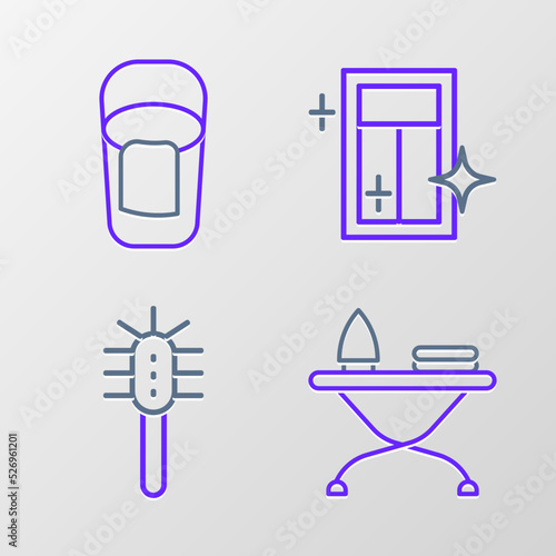 Set line Iron and ironing board, Toilet brush, Cleaning service for window and Bucket with rag icon. Vector