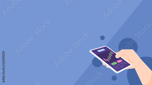 trading application, gambling, binary options, investment. buying and selling shares and bitcoin or crypto currency. a hand holding and using a smartphone. flat cartoon illustration.design concept