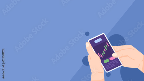 trading application, gambling, binary options, investment. buying and selling shares and bitcoin or crypto currency. a hand holding and using a smartphone. flat cartoon illustration.design concept