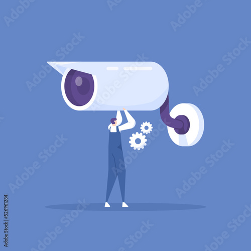 CCTV camera repair, installation and maintenance services. a technician is repairing a broken cctv. security camera system installation. work and profession. flat cartoon illustration. concept design