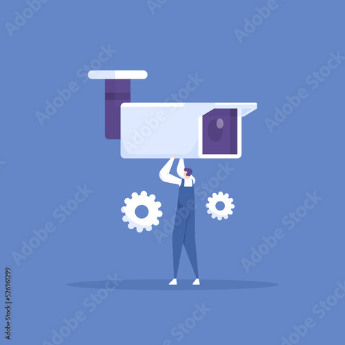 CCTV camera repair, installation and maintenance services. a technician is repairing a broken cctv. security camera system installation. work and profession. flat cartoon illustration. concept design
