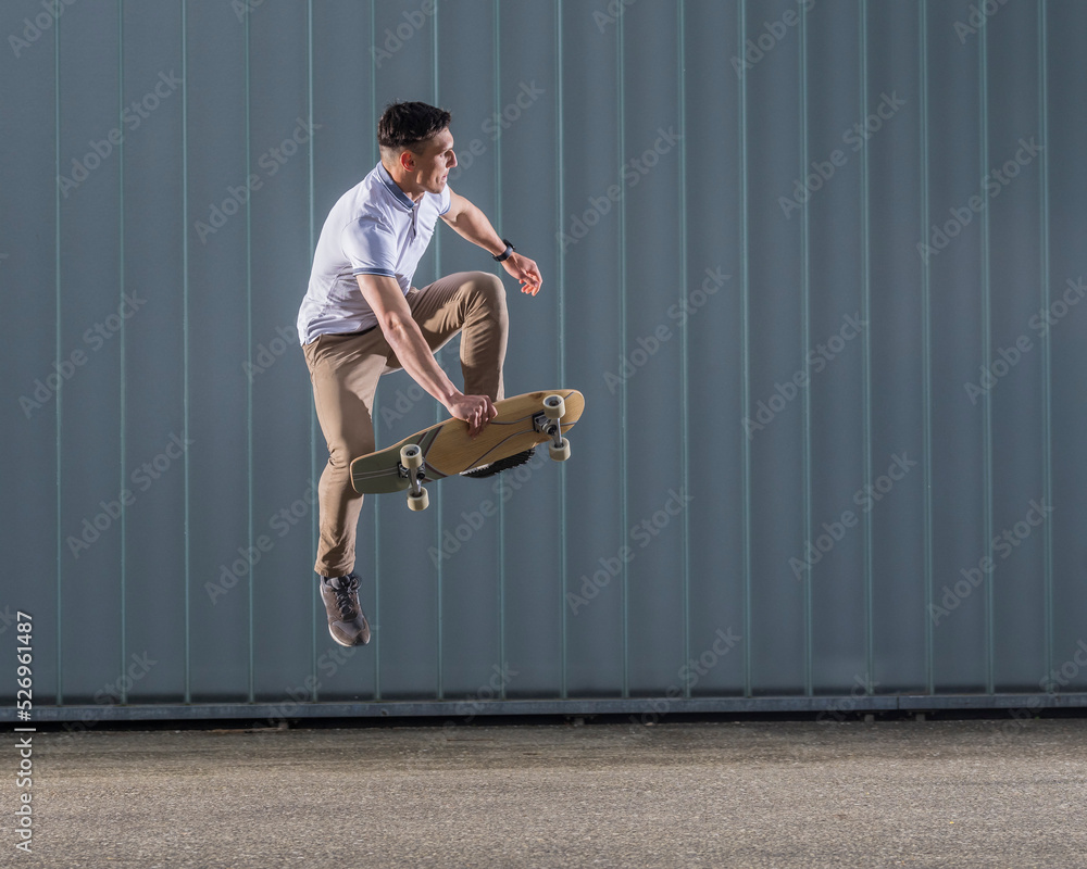 Man practicing stunt with skateboard in mid-air Man practicing stunt with skateboard in mid-air