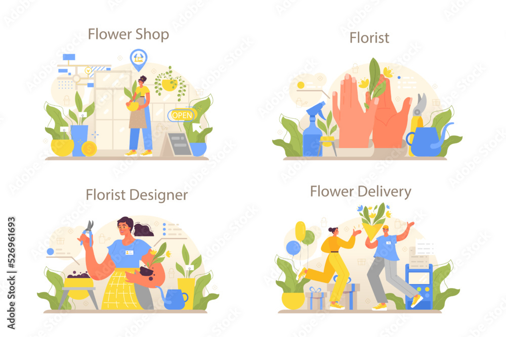 Florist concept set. Floral designer growing plants, making or arranging