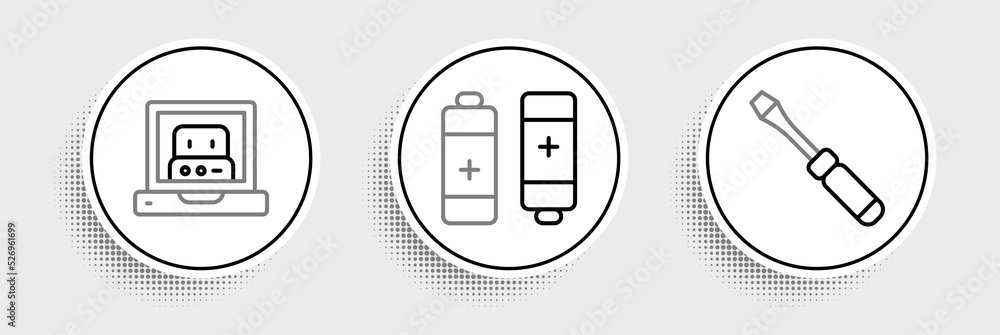 Set line Screwdriver, Creating robot and Battery icon. Vector Set line Screwdriver, Creating robot and Battery icon. Vector